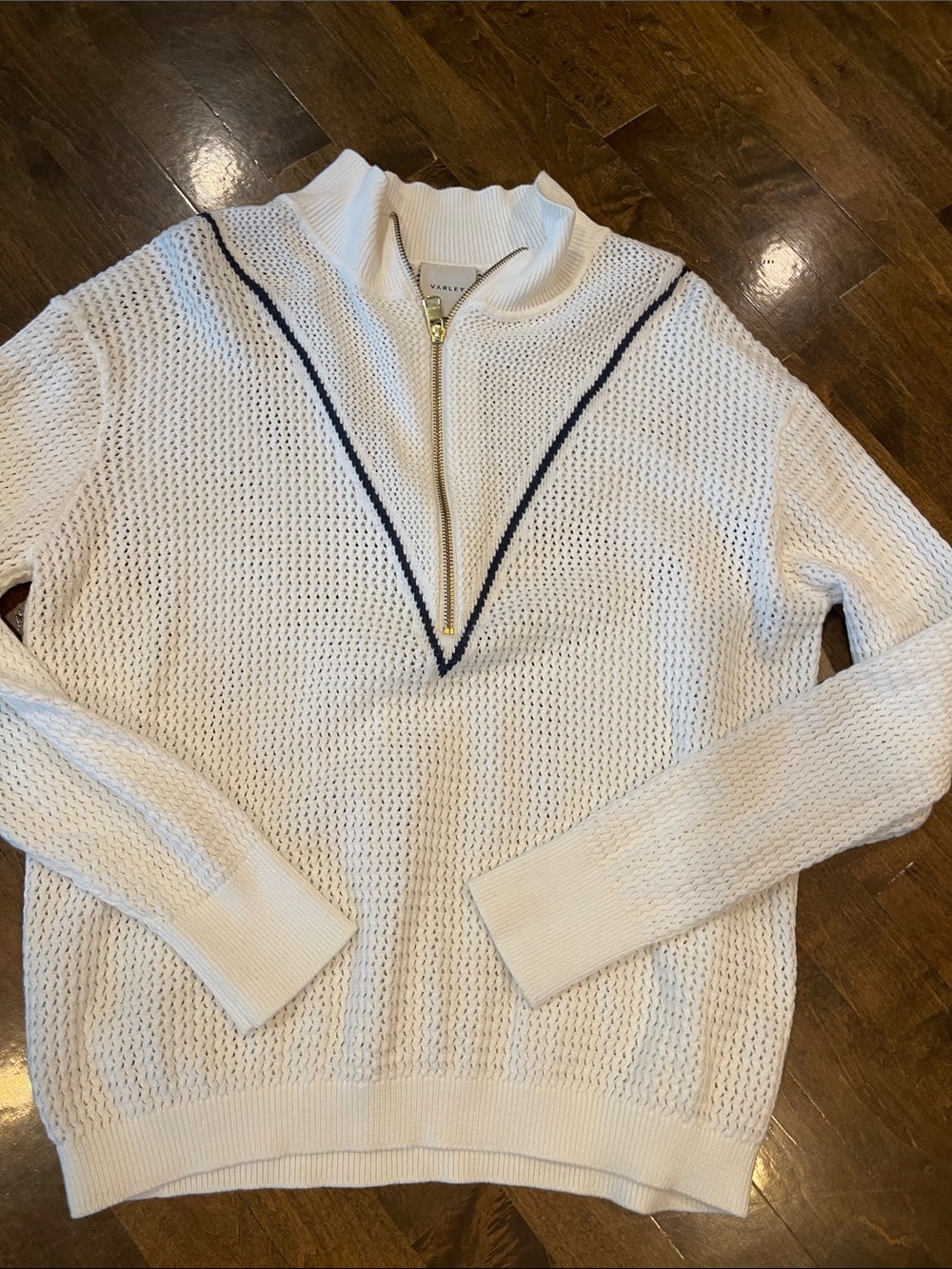 Varley White Knit Half-Zip Turtleneck Sweater with Navy Trim